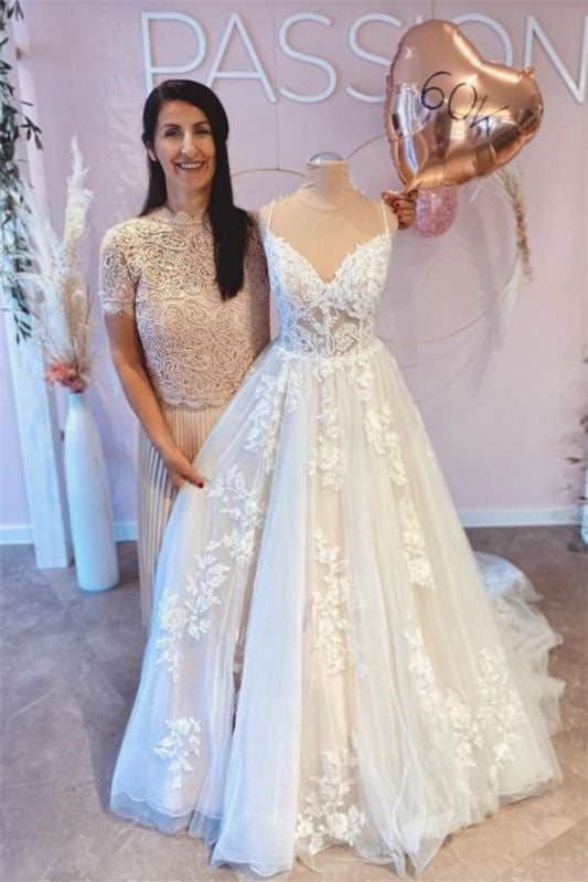A-Line Wedding Dress with V-Neck and Spaghetti Straps in Tulle Lace