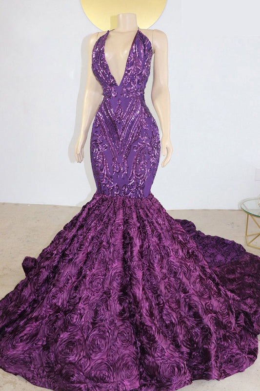 Chic V-Neck Sleeveless Mermaid Prom Dress Sequins With Flowers Bottom