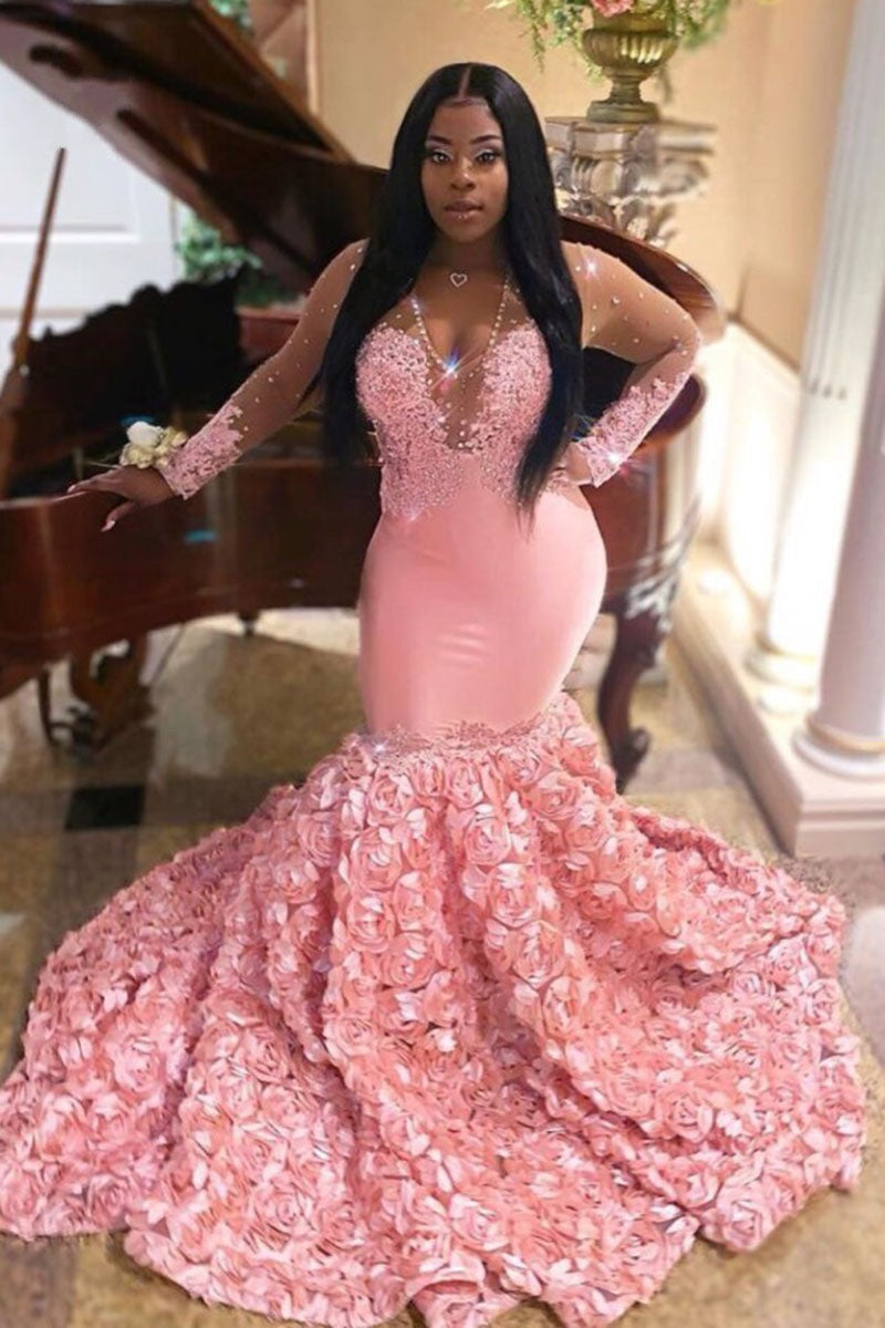 New Arrival Pink Long Sleeves Prom Dress Mermaid Lace Appliques With Flowers