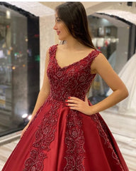 Elegant A-Line Satin Wedding Dress with V-Neck, Ruffles, and Beaded Appliques