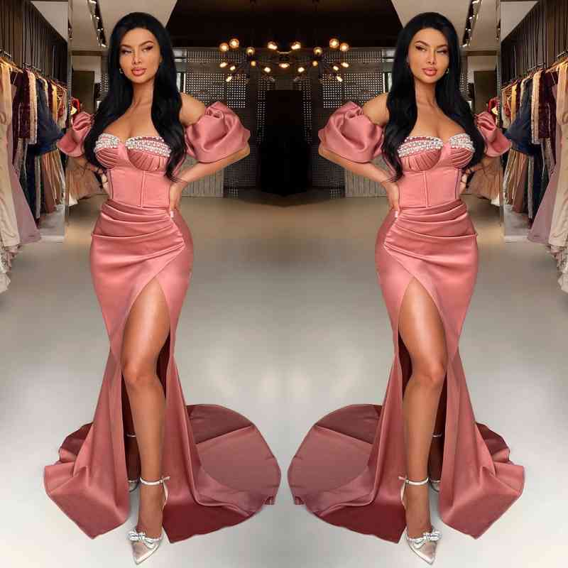 Modern Dusty Rose Sweetheart Mermaid Prom Dresses Beads With Split Long Pleats