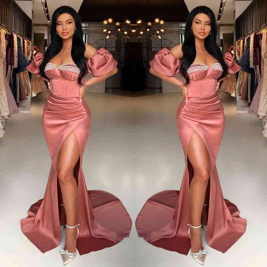 Modern Dusty Rose Sweetheart Mermaid Prom Dresses Beads With Split Long Pleats