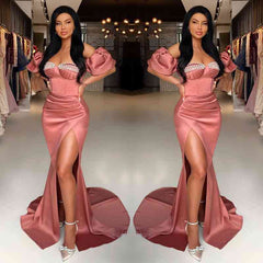 Modern Dusty Rose Sweetheart Mermaid Prom Dresses Beads With Split Long Pleats