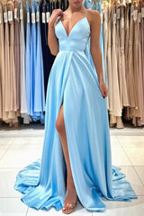 Gorgeous Sky Blue Spaghetti-Straps V-Neck A-line Prom Dress With Split