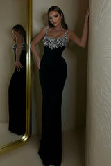 Elegant Black Spaghetti Strap Prom Dress Slim Mermaid Dress With Beads