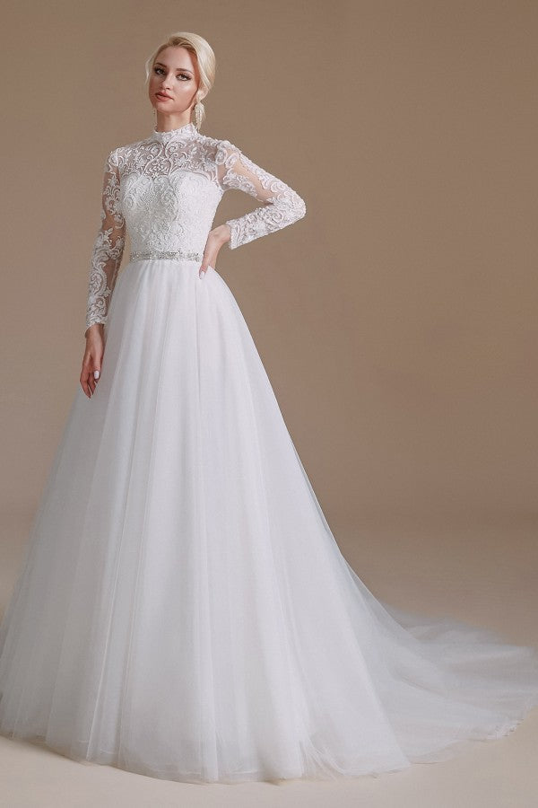 Elegant A-line Wedding Gown with High Neck, Long Sleeves, and Tulle Lace