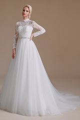 Elegant A-line Wedding Gown with High Neck, Long Sleeves, and Tulle Lace
