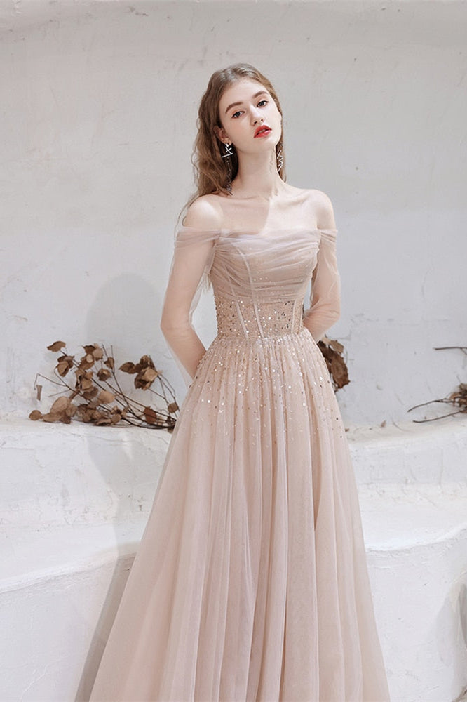 Gorgeous Off-the-Shoulder Tulle Sheer Long Sleeves Prom Dress With Sequins