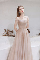Gorgeous Off-the-Shoulder Tulle Sheer Long Sleeves Prom Dress With Sequins