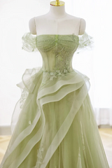 Cute Green Strapless Off The Shoulder A Line Prom Dress Long With Beads