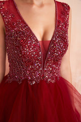 New Arrival Burgundy V-Neck Prom Dress Tulle Long With Beads Online