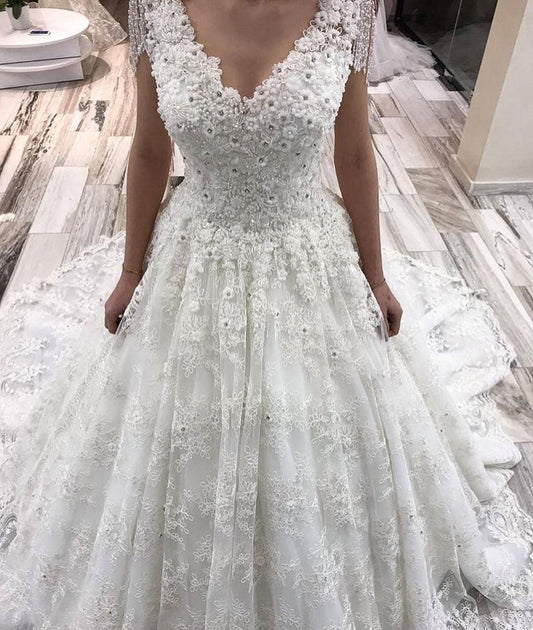 Contemporary Crystal A-Line Floor-length Wedding Dress with Deep V-neck and Appliques Lace