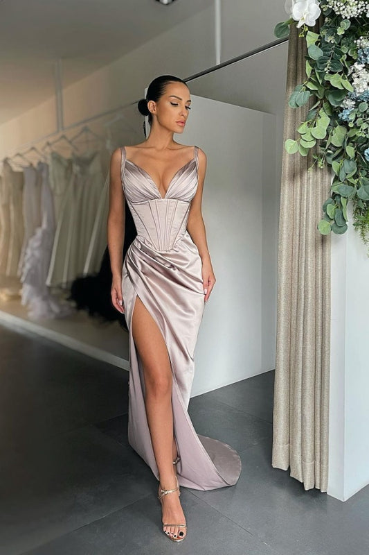 Blushing Pink Pleated Prom Dress V Neck High Slit
