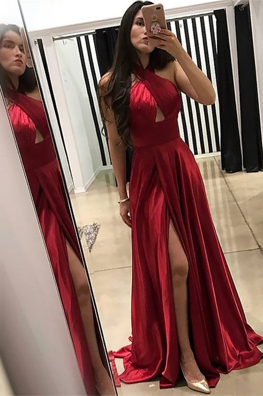 Burgundy Halter Mermaid Prom Dress with Slit