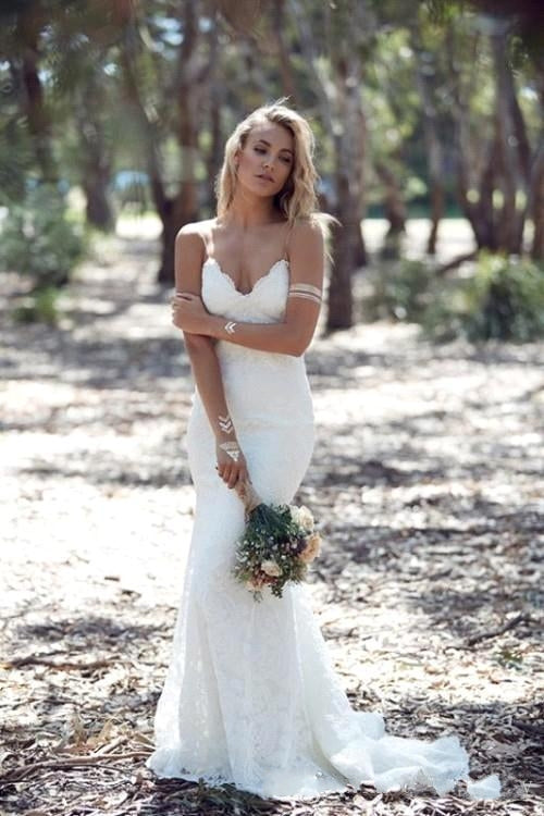 Elegant Mermaid Wedding Dress with V-Neck, Open Back, and Lace Floral Spaghetti Straps