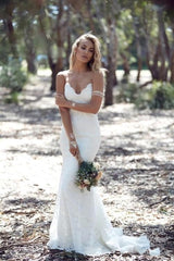 Elegant Mermaid Wedding Dress with V-Neck, Open Back, and Lace Floral Spaghetti Straps
