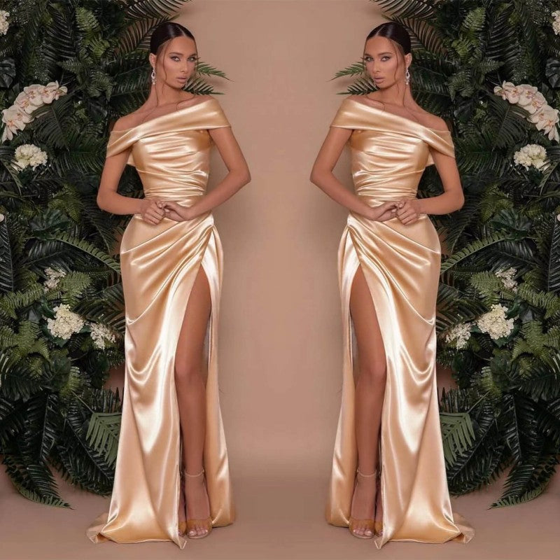 Champagne Off the Shoulder Charmeuse Prom Dress Split Mermaid