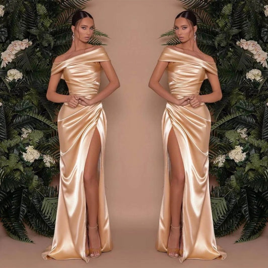 Champagne Off the Shoulder Charmeuse Prom Dress Split Mermaid