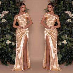 Champagne Off the Shoulder Charmeuse Prom Dress Split Mermaid
