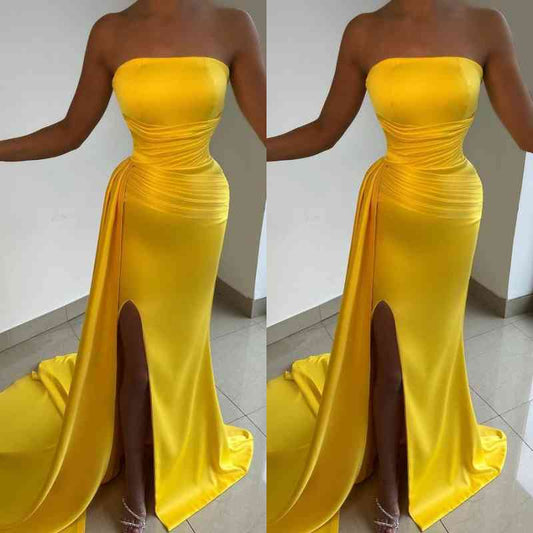 Gorgeous Yellow Strapless Prom Dress Mermaid Long Split Holiday Dresses