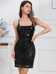ODIZLI Women's Spaghetti Straps Sparkly Sequins Bodycon Mini Dress Party Nightclub