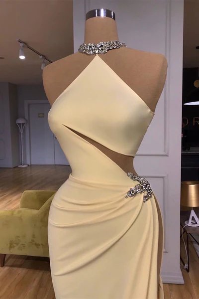 White Sleeveless Rhinestone Mermaid Prom Dress with Split