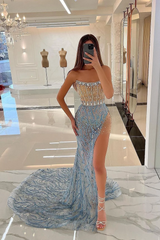 Charming Long Blue Evening Dress Strapless Sleeveless with Appliqu¨¦ Beadings