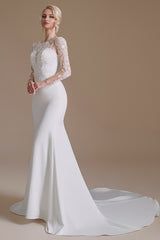 Elegant Long Mermaid Jewel Wedding Dress in Satin Lace With Sleeves