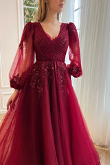 Classy Burgundy Long Sleeves Prom Dress V-Neck Tulle With Appliques