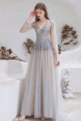 Gorgeous Long Sleeves Fairy Tulle Prom Dress Long With Beads V-Neck
