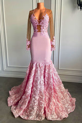 New Arrival Pink Long Sleeves Prom Dress Mermaid Lace Appliques With Flowers