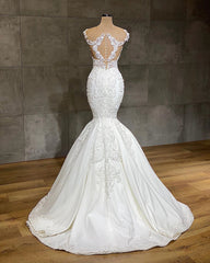 Elegant V-neck Lace Mermaid Bridal Gown Without Sleeves Featuring Appliques