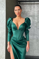 Elegant Long Sleevess V-Neck Mermaid Prom Dress With Slit