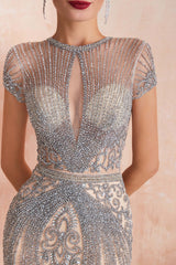 New Arrival Short Sleeves Mermaid Prom Dress Beadings Keyhole