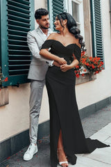 Charmeuse Wedding Gown Featuring an Off-The-Shoulder Neckline and Side Split