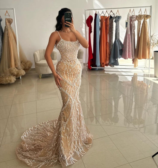 Beautiful Champagne Spaghetti-Straps Prom Dresses With Pearls