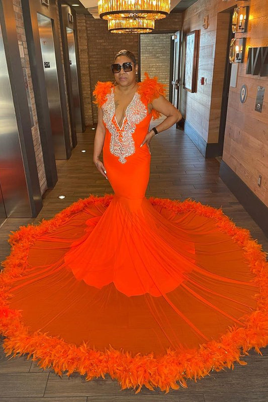 Classic Orange Crystal Prom Dress Mermaid V-Neck With Feathers