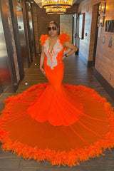 Classic Orange Crystal Prom Dress Mermaid V-Neck With Feathers