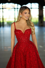 Red Spaghetti Strap A-Line Sequins Prom Dress Sleeveless with Appliques