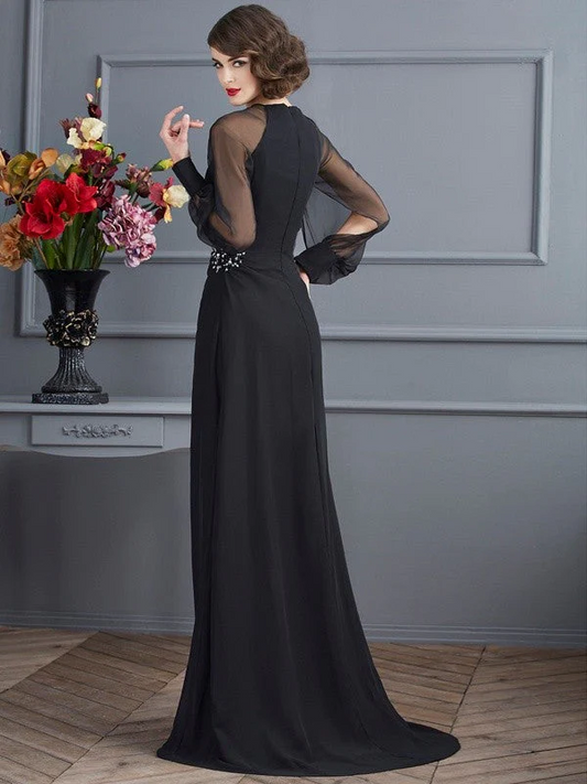 Black Long A-Line Beaded Prom Dress with Lace