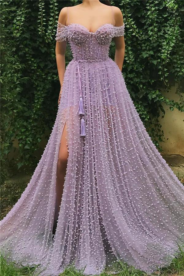 Off-the-Shoulder Beadings Peals Prom Dress With Slit