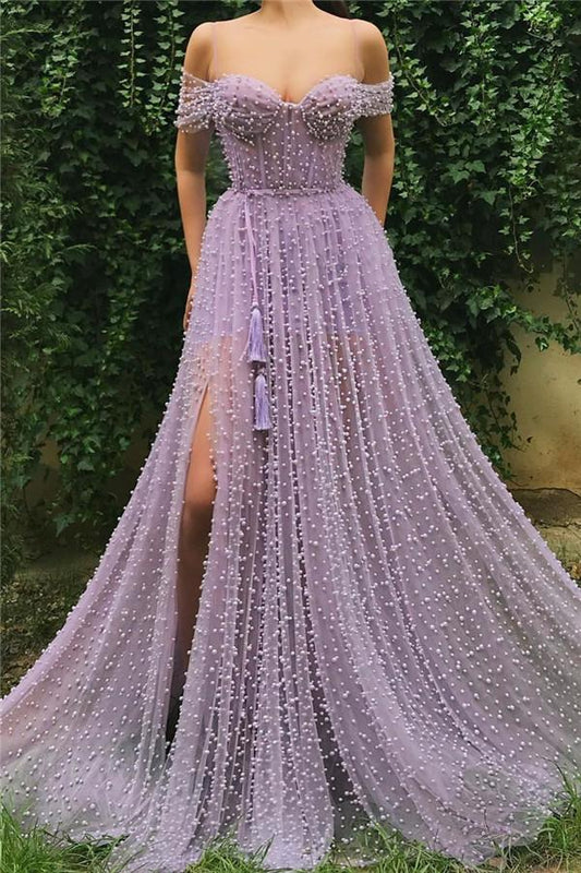 Off-the-Shoulder Beadings Peals Prom Dress With Slit