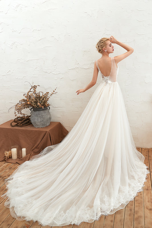 Elegant A-Line Wedding Dress with Deep V-neck and Floor-length Tulle