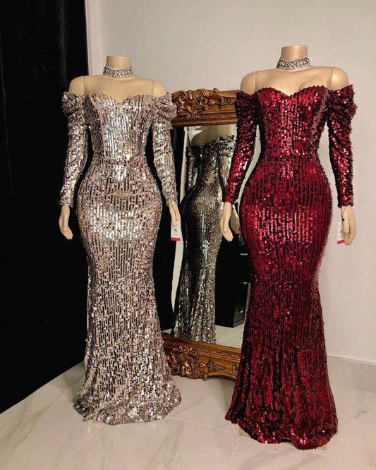 Off-the-Shoulder Long Sleeves Sequins Prom Dress Mermaid Long Evening Gowns