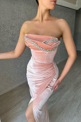 Pink Velvet Prom Dress Beaded Dress With Slit Sleeveless Strapless