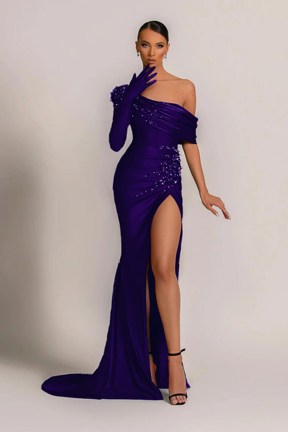 Emerald Green Evening Dress One Shoulder With Pearl Split