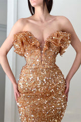 Champagne Prom Dress V Neck Pleated Sequins With Slit