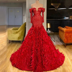 Fashion Red Sequin Prom Dress Long Sleeves A Line With Feather