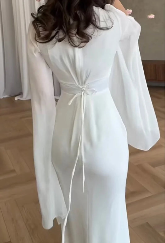Elegant Ivory Evening Dress Chiffon Long Sleeves Mermaid Dress