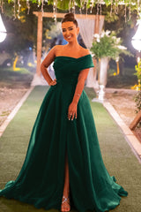 Dark Green Strapless One Shoulder Mermaid Front Split Evening Dress with Bowknot